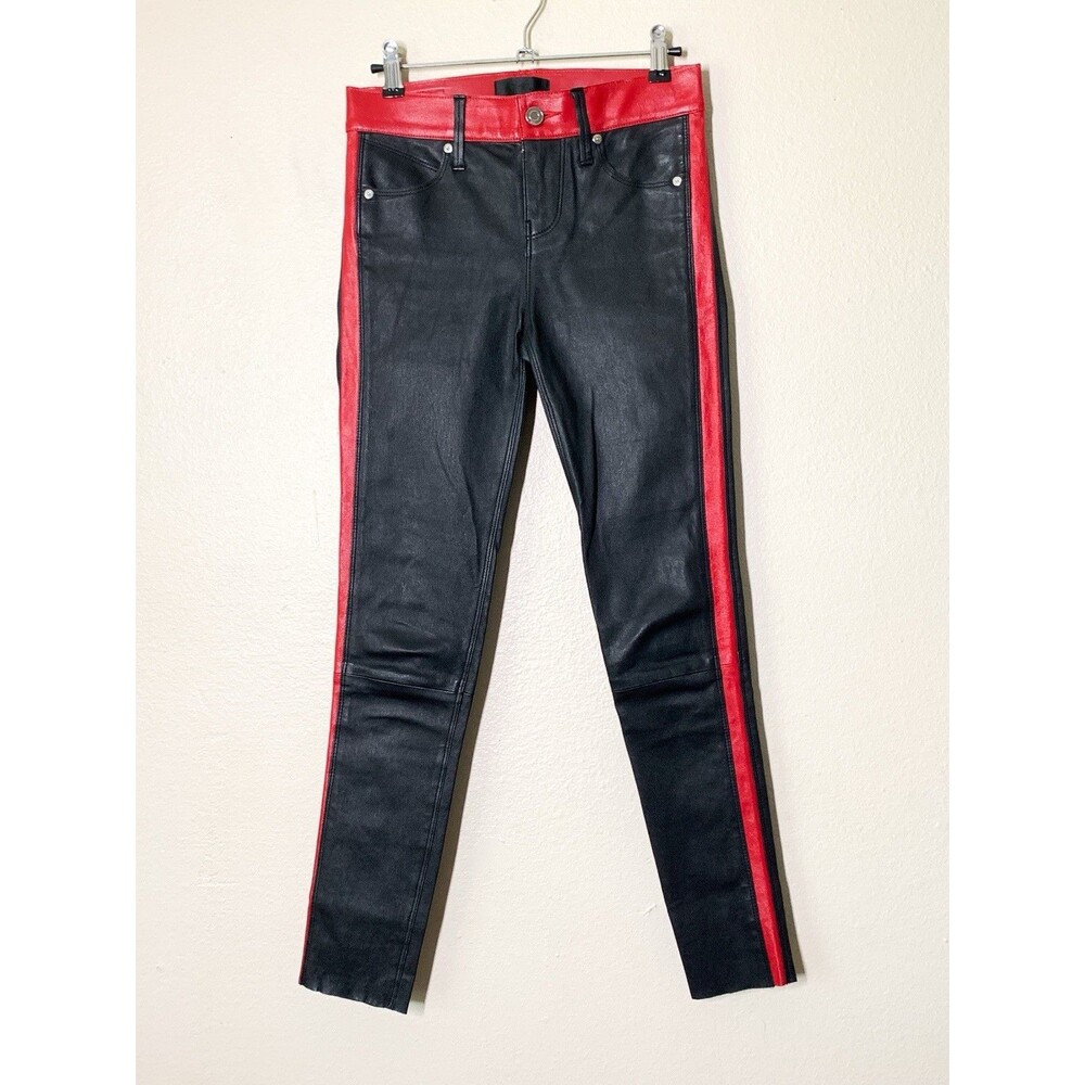 RtA Ryland Two-Tone Stretch Lambskin Leather Skinny Pants 24 Black Red Low Rise